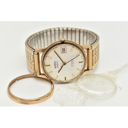 75 - A GENTS 9CT GOLD 'ROAMER' WRISTWATCH, AF automatic, round silver engine turned pattern dial signed '... 