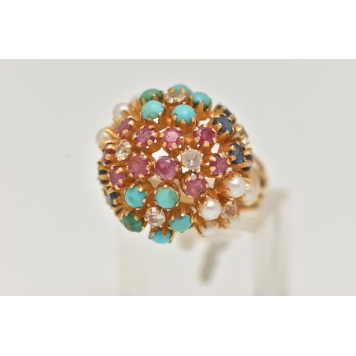 9 - A MULTI GEM RING, of dome design claw set with circular sapphires, rubies, turquoise and cultured pe... 