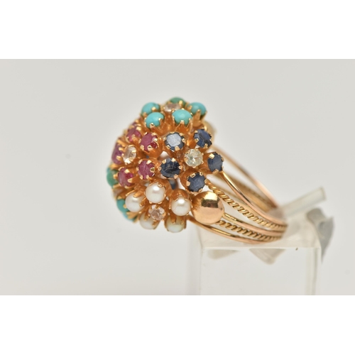 9 - A MULTI GEM RING, of dome design claw set with circular sapphires, rubies, turquoise and cultured pe... 