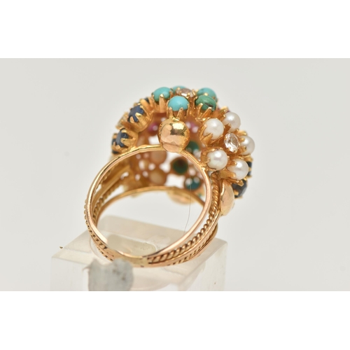 9 - A MULTI GEM RING, of dome design claw set with circular sapphires, rubies, turquoise and cultured pe... 