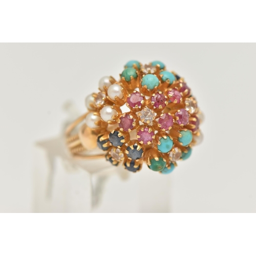 9 - A MULTI GEM RING, of dome design claw set with circular sapphires, rubies, turquoise and cultured pe... 