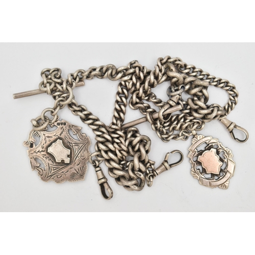 100 - TWO EARLY 20TH CENTURY SILVER ALBERT CHAINS WITH FOBS AND T-BARS, both of graduated curb link design... 