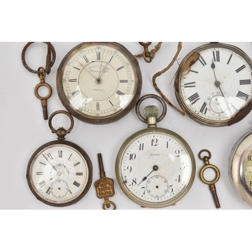 101 - SIX OPEN FACE POCKET WATCHES, four with marks to indicate silver, with black Roman numerals, approxi... 