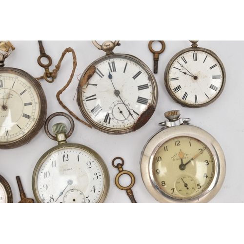 101 - SIX OPEN FACE POCKET WATCHES, four with marks to indicate silver, with black Roman numerals, approxi... 