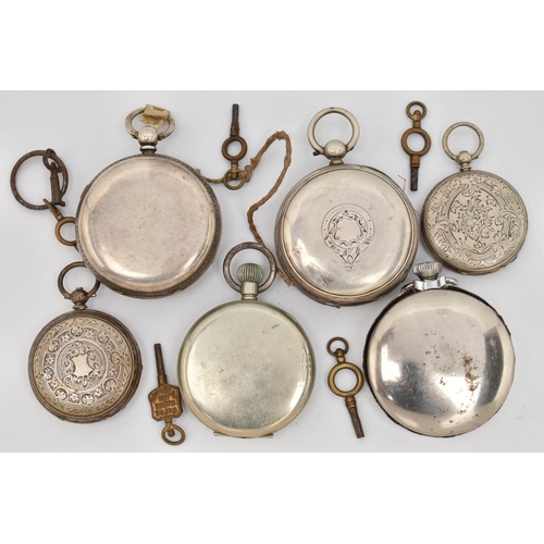 101 - SIX OPEN FACE POCKET WATCHES, four with marks to indicate silver, with black Roman numerals, approxi... 