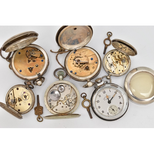 101 - SIX OPEN FACE POCKET WATCHES, four with marks to indicate silver, with black Roman numerals, approxi... 