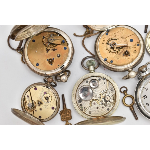 101 - SIX OPEN FACE POCKET WATCHES, four with marks to indicate silver, with black Roman numerals, approxi... 