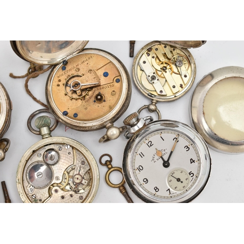 101 - SIX OPEN FACE POCKET WATCHES, four with marks to indicate silver, with black Roman numerals, approxi... 