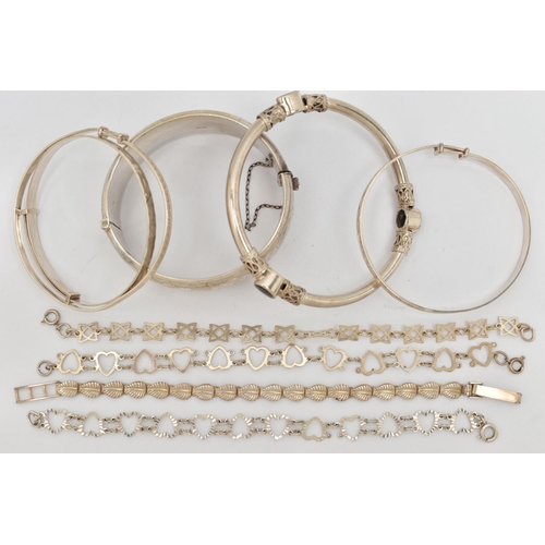 104 - ASSORTED SILVER AND WHITE METAL BRACELETS, to include a wide silver hinged bangle, etched with flora... 