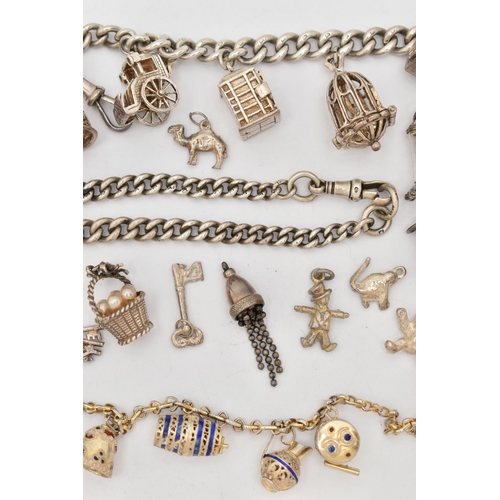 105 - A SILVER CHARM BRACELET AND CHARMS, a curb link bracelet fitted with a spring clasp and heart padloc... 