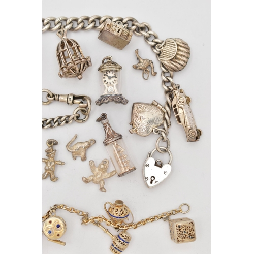 105 - A SILVER CHARM BRACELET AND CHARMS, a curb link bracelet fitted with a spring clasp and heart padloc... 