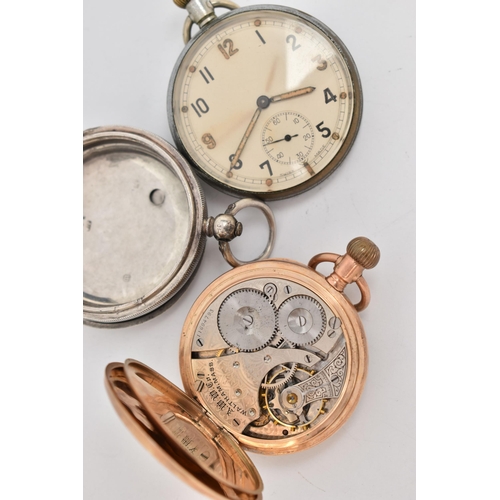 106 - TWO POCKET WATCHES AND A CASE, the first an open face military pocket watch, hand wound movement, Ar... 