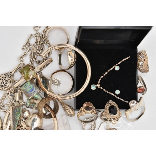 108 - ASSORTED SILVER AND WHITE METAL JEWELLERY, to include two silver chain necklaces, a dress ring, two ... 