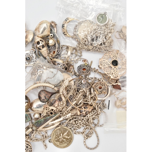 108 - ASSORTED SILVER AND WHITE METAL JEWELLERY, to include two silver chain necklaces, a dress ring, two ... 