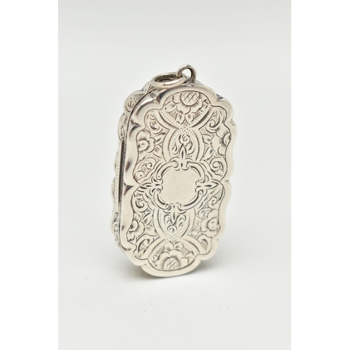 111 - A LATE VICTORIAN SILVER VINAGRETTE, wavy rectangular form, floral pattern with vacant cartouche to o... 