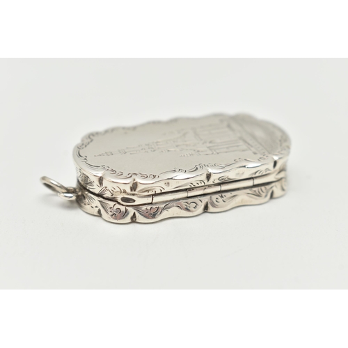 111 - A LATE VICTORIAN SILVER VINAGRETTE, wavy rectangular form, floral pattern with vacant cartouche to o... 