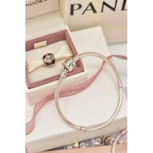 112 - THREE PANDORA BRACELETS AND A SINGLE CHARM, three 'Pandora' snake charm bracelets, and a mother of p... 