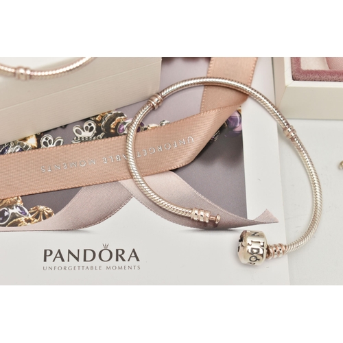 112 - THREE PANDORA BRACELETS AND A SINGLE CHARM, three 'Pandora' snake charm bracelets, and a mother of p... 