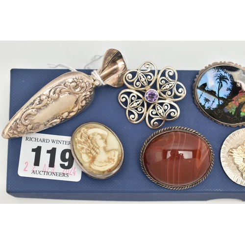 119 - AN ASSORTMENT OF SILVER AND WHITE METAL ITEMS, to include three silver sporting medals, a silver pen... 