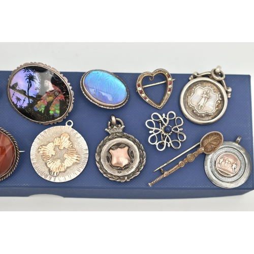 119 - AN ASSORTMENT OF SILVER AND WHITE METAL ITEMS, to include three silver sporting medals, a silver pen... 