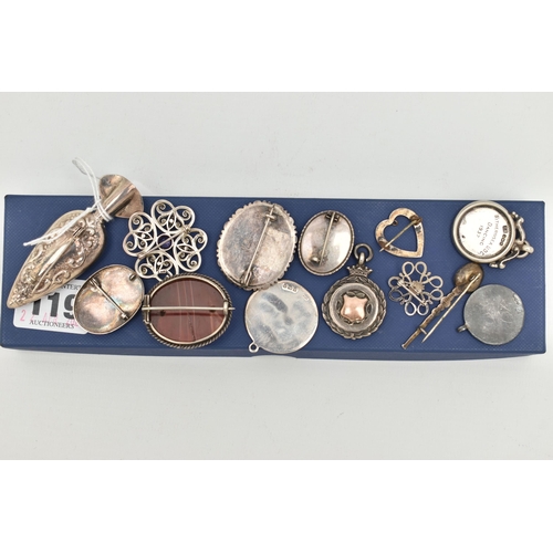 119 - AN ASSORTMENT OF SILVER AND WHITE METAL ITEMS, to include three silver sporting medals, a silver pen... 