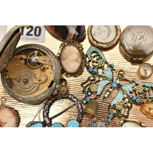 120 - AN ASSORTMENT OF JEWELLERY, to include a penannular brooch, a rolled gold photo pendant, a banded ag... 