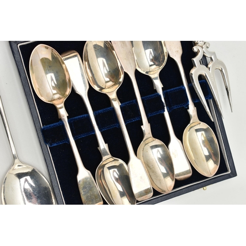 130 - A PARCEL OF 19TH AND 20TH CENTURY SILVER, comprising a set of six Victorian Fiddle pattern teaspoons... 