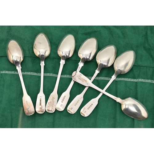 131 - A MATCHED SET OF SEVEN VICTORIAN SILVER FIDDLE PATTERN TEASPOONS, comprising three by maker Benoni S... 