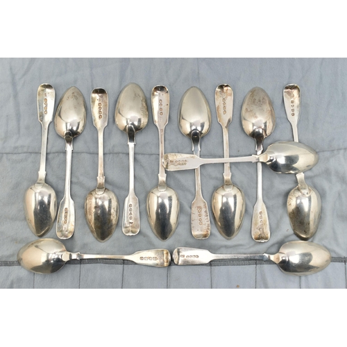 132 - A MATCHED SET OF TWELVE VICTORIAN SILVER FIDDLE PATTERN DESSERT SPOONS, comprising a matching set of... 