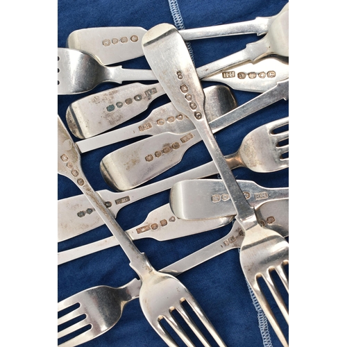 133 - A MATCHED SET OF ELEVEN VICTORIAN SILVER FIDDLE PATTERN DESSERT FORKS, comprising a set of seven by ... 