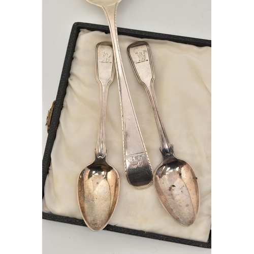 134 - A PAIR OF GEORGE III SILVER FIDDLE AND THREAD PATTERN TEASPOONS, engraved with crests, maker William... 