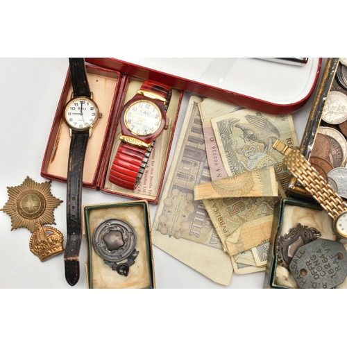 142 - A BOX OF ASSORTED WATCHES AND OTHER ITEMS, ladies and gents watches, names to include Smiths Empire,... 