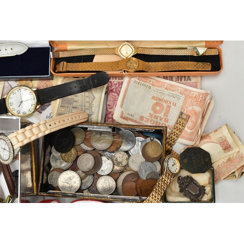 142 - A BOX OF ASSORTED WATCHES AND OTHER ITEMS, ladies and gents watches, names to include Smiths Empire,... 