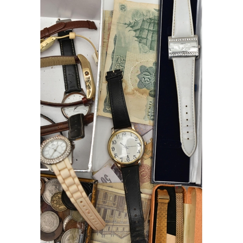 142 - A BOX OF ASSORTED WATCHES AND OTHER ITEMS, ladies and gents watches, names to include Smiths Empire,... 