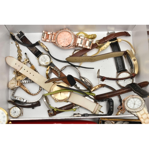 142 - A BOX OF ASSORTED WATCHES AND OTHER ITEMS, ladies and gents watches, names to include Smiths Empire,... 