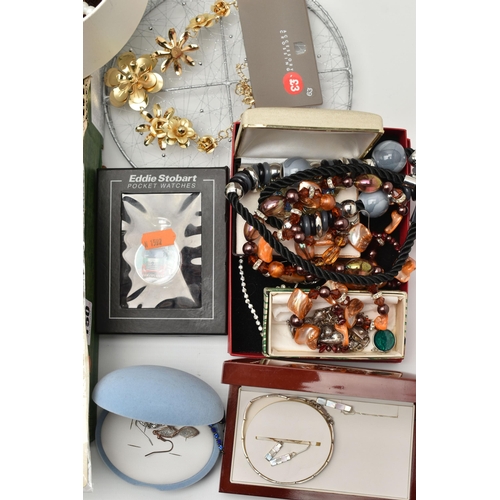 150 - A BOX OF ASSORTED COSTUME JEWELLERY, to include two semi-precious gemstone chip bracelets, a blue pa... 