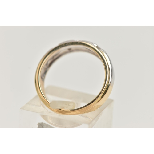 79 - AN 18CT GOLD BI COLOUR DIAMOND RING, a yellow gold band ring with white gold to the centre top of th... 