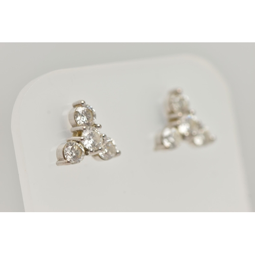 80 - A PAIR OF 18CT GOLD DIAMOND EARRINGS, designed as a trefoil cluster of four round brilliant cut diam... 