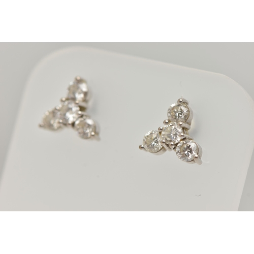 80 - A PAIR OF 18CT GOLD DIAMOND EARRINGS, designed as a trefoil cluster of four round brilliant cut diam... 