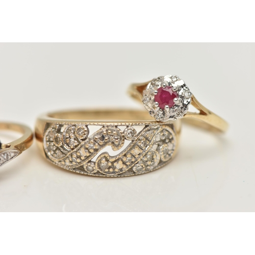 83 - FOUR GEM SET RINGS, to include an open work diamond set band ring, hallmarked 9ct Edinburgh, ring si... 