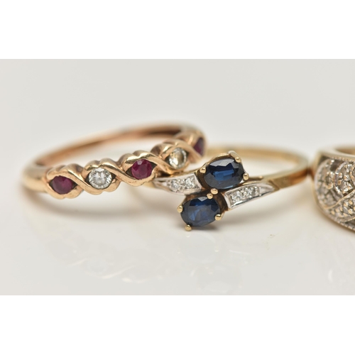 83 - FOUR GEM SET RINGS, to include an open work diamond set band ring, hallmarked 9ct Edinburgh, ring si... 