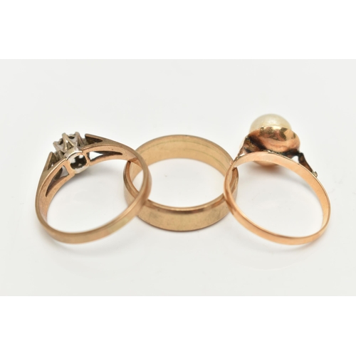 90 - THREE RINGS, the first a 9ct gold band ring with chamfered edge detail, hallmarked 9ct, ring size M ... 