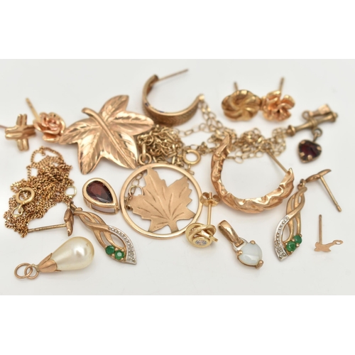 91 - AN ASSORTED BAG OF YELLOW METAL JEWELLERY, to include earrings, pendants and chains, some stamped 9c... 