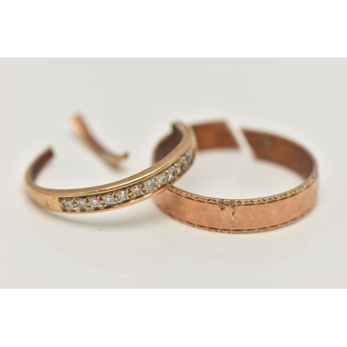 98 - TWO BROKEN RINGS, the first a 9ct band ring, 9ct hallmark for London 1988, band split, the second se... 