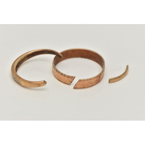 98 - TWO BROKEN RINGS, the first a 9ct band ring, 9ct hallmark for London 1988, band split, the second se... 