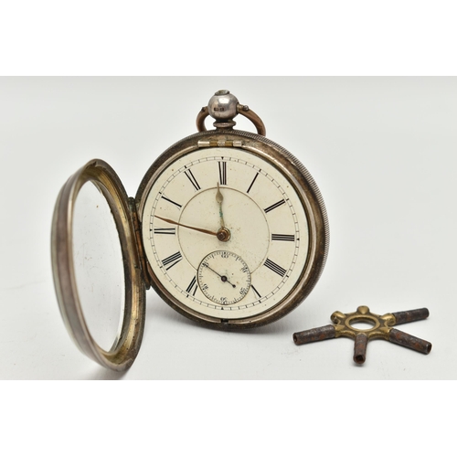 99 - A LATE VICTORIAN SILVER OPEN FACE POCKET WATCH, the white face with black Roman numerals and subsidi... 