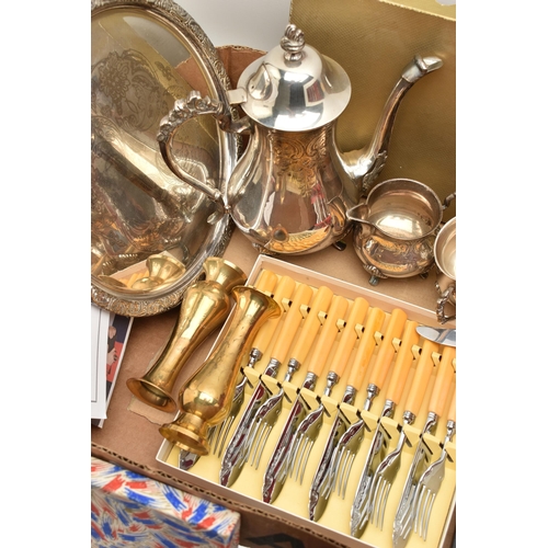 153 - A BOX OF ASSORTED WHITE METAL ITEMS, to include a three piece EPNS tea set comprising of a teapot, s... 