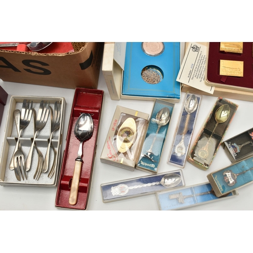 153 - A BOX OF ASSORTED WHITE METAL ITEMS, to include a three piece EPNS tea set comprising of a teapot, s... 