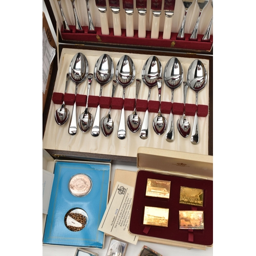 153 - A BOX OF ASSORTED WHITE METAL ITEMS, to include a three piece EPNS tea set comprising of a teapot, s... 