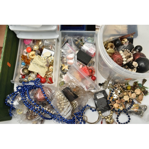 154 - A BOX OF COSTUME JEWELLERY AND WHITE METAL WARE, large quantity of assorted costume earrings, beaded... 